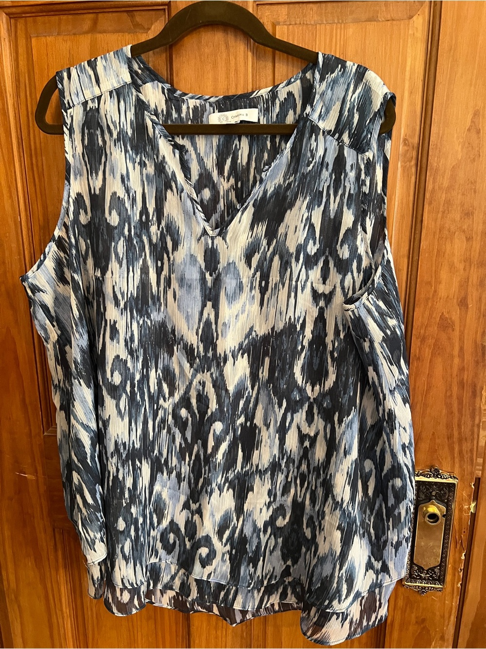 Christina Blue and White Sleeveless V-Neck Blouse